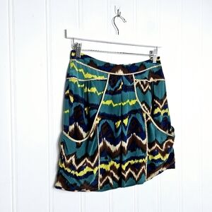 Gemma 100% Silk Skirt Womens Size XS Aqua Green Tribal Print with Pockets